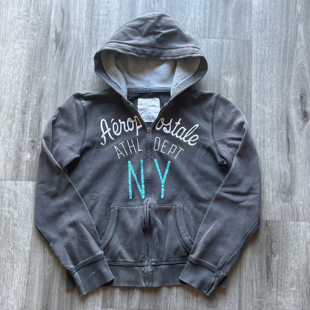 Aeropostale Mens Athl Dept NY Full Zip Hoodie Charcoal Gray Large Y2K Graphic